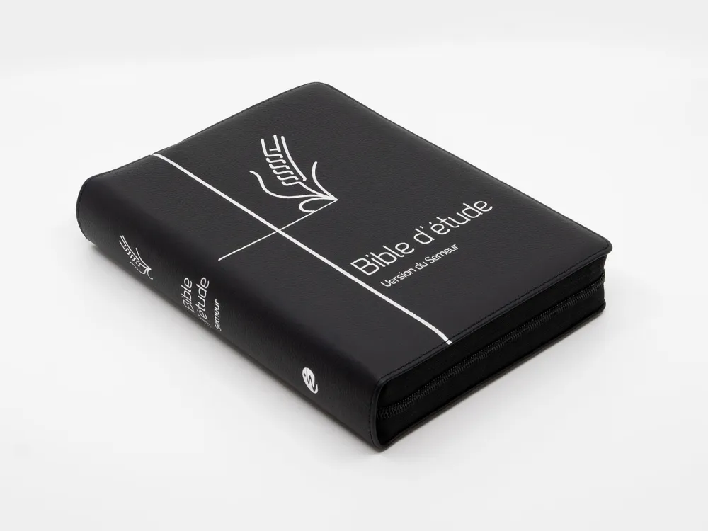 Bible d'étude Semeur 2015 couverture noire, cuir véritable, tranche argenté avec fermeture à glissiè
