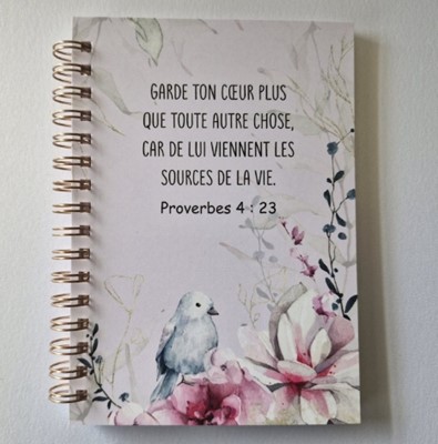 Carnet A6, spirales décor oiseau et fleurs roses - Pr 4.23