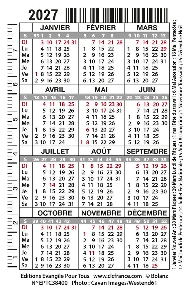 Calendrier format carte de crédit - Paysage