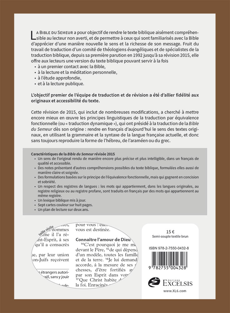 Bible Semeur 2015, couverture textile semi-souple marron, tranche blanche